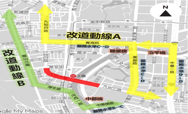 九如橋拆除工程封閉河西路、同盟路橋下涵洞施工，警籲用路人改道。（高市警交大提供）